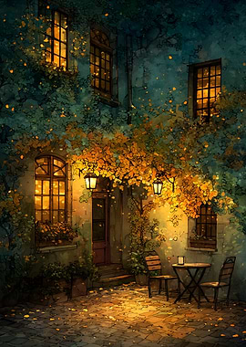 Cozy Cafe Courtyard at Night