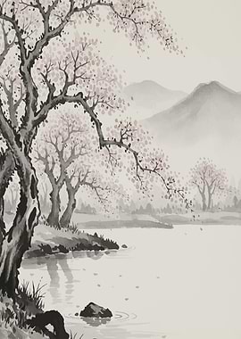 Cherry Blossom Landscape Ink Painting