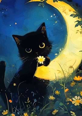 Black Cat with Flower and Moon