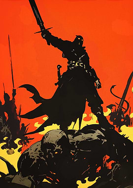 Dark Warrior with Sword on Battlefield