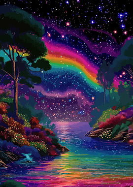 Colorful Night Landscape with Rainbow