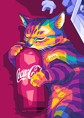 Colorful Cat Hugging Coca-Cola Can