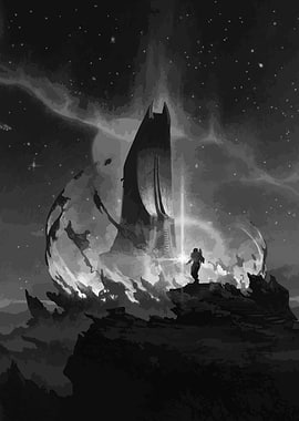 Monochrome shattered Sci-Fi Tower and Astronaut