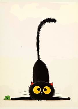 Stretching Black Cat with Green Toy