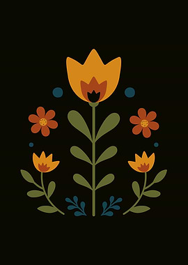 Russian Floral Pattern on Black Background