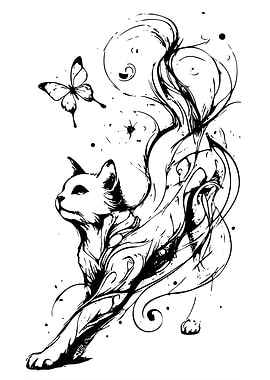 Cat and Butterfly Black Ink Illustration