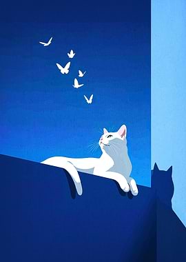 White Cat and Butterflies Illustration