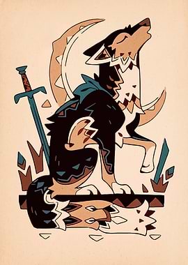 Stylized Wolf Howling at Crescent Moon