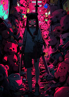 Anime Girl with Swords and Teddy Bears