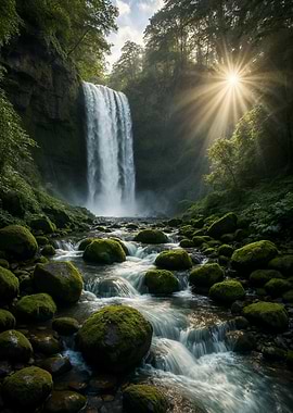 Waterfall in Lush Green Forest