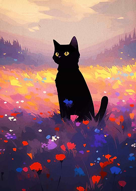 Black Cat in Floral Meadow