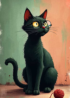Black Cat with Glasses Illustration