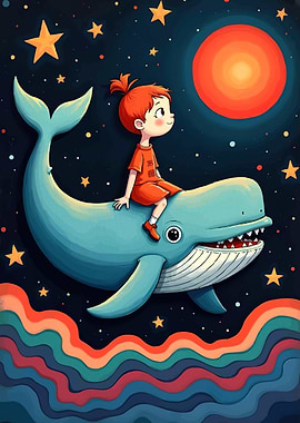 Girl Riding Whale Starry Sky