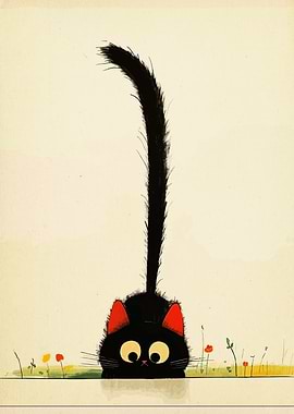 Cartoon Black Cat with Tall Tail