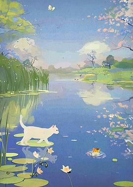 Cat and Frog in Pond