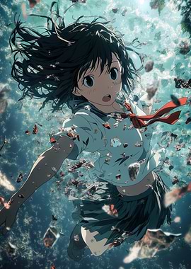 Anime Girl Falling Through Debris