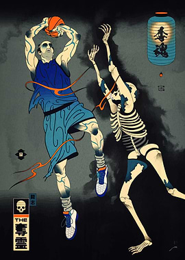 Basketball Player vs Skeleton Ukiyo-e Style