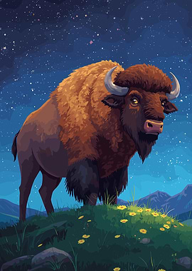 Bison under the starry night sky
