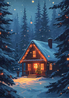 Winter Cabin Christmas Scene