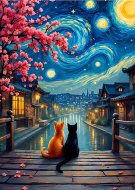 Cats on Bridge Under Starry Night
