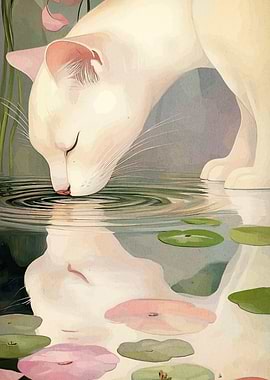 Cat Drinking Water Reflection Art