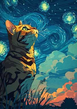 Cat gazing at starry night sky