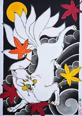 Nine-tailed Fox with Autumn Leaves
