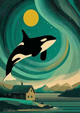 Midnight Orca Aurora — Leaping Whale Over Lake Cabin, Teal & Gold Night Sky