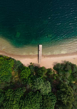 Aerial view of lake and pier
