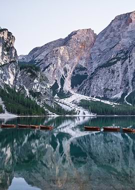 Lake Braies with boats and mountains