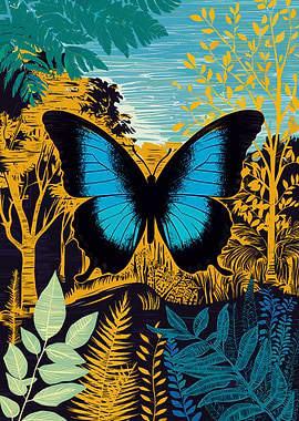 Blue Butterfly in Forest Illustration