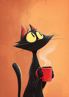Cartoon Cat with Coffee Mug