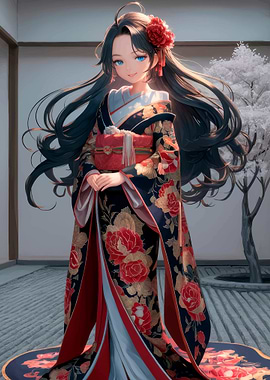 Anime Girl in Kimono with Floral Design