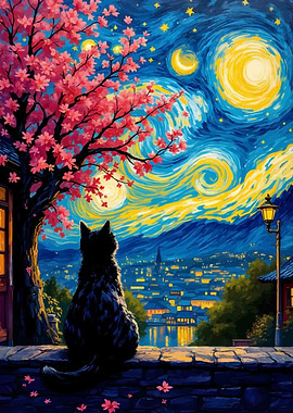 Cat Gazing at Starry Night Cityscape