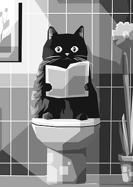 Cat Reading on Toilet, Black and White