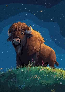 Bison under the starry night sky