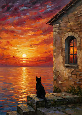 Black cat watching sunset painting