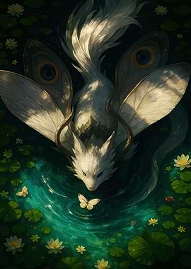 Winged Fox in Lily Pond