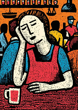 Barista Resting at Bar Woodcut Print