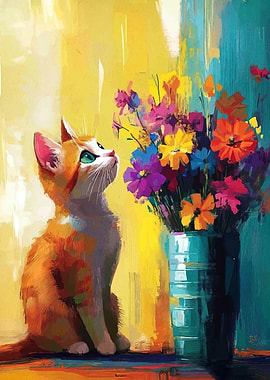 Cat and Flowers Painting