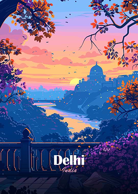 Delhi, India: Colorful Cityscape Illustration