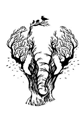 Elephant with Birds Silhouette Art