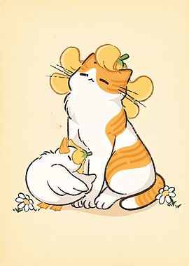 Cat and Duck with Flower Crowns