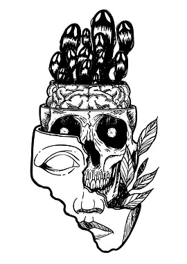Skull, Brain, and Ghost Head Illustration