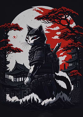 Samurai Cat in Japanese Landscape