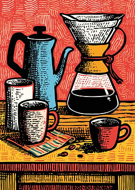 French Style - Coffee Still Life Woodcut