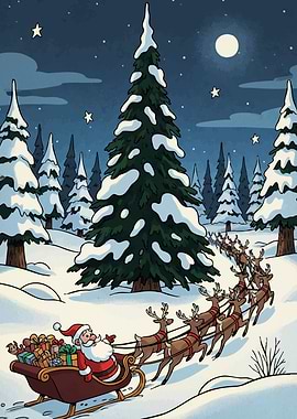 Santa's Sleigh Through Snowy Forest