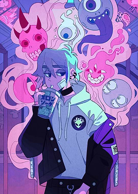 Anime Boy with Spirits and Soda