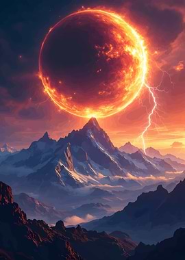 Fiery Planet over Mountain Range
