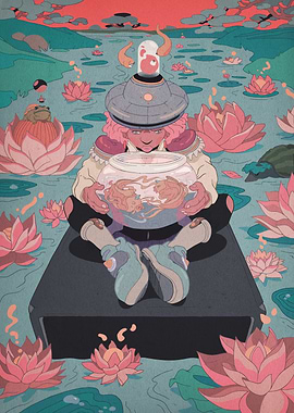 Girl with Goldfish in Lotus Pond